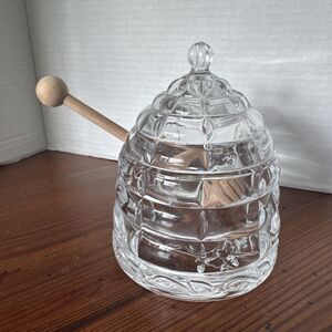 Beehive Crystal Honey  Storage Serving Glass Jar Dispenser with Wooden Dipper